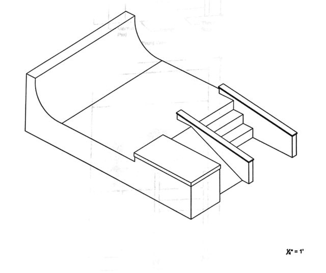 Technical drawing showing the proposed concrete quarter pipe, stair, and ramp structure. 