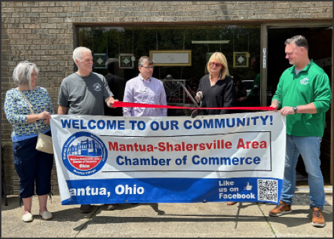 Sunshine and smiles at Saturday’s ribbon cutting (left to right): Mantua Mayor Tammy Meyer, Village Councilman Steve Thorn, Mantua-Shalersville Area Chamber of Commerce President Randy Ellis, artist Denise Delillio, and Portage County Auditor Matt Kelly.