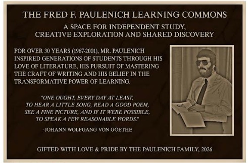 Plaque located at the front of the Fred F. Paulenich Commons Area/Photo courtesy of Crestwood Local School District