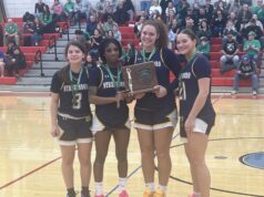 DISTRICT RUNNERS-UP: Rocket girls’ basketball ends district title reign in loss against Warriors The Streetsboro girls' basketball team holds the OHSAA Division IV Northeast 2 district runner-up trophy following a 50-40 loss against West Branch in the district championship last Saturday at Lordstown High School/Photo by Daniel Sherriff