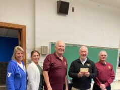 Garrettsville Knights of Columbus makes donation to Nelson Garrettsville Community Cupboard Pictured left to right NGCC Board members Kim Curry, Danielle Hoislbauer, DGK John Wolanin, Brother and Board Member Ted Lysiak and Grand Knight Greg Leopold/Photo courtesy of Grand Knight Greg Leopold