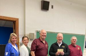 Garrettsville Knights of Columbus makes donation to Nelson Garrettsville Community Cupboard Pictured left to right NGCC Board members Kim Curry, Danielle Hoislbauer, DGK John Wolanin, Brother and Board Member Ted Lysiak and Grand Knight Greg Leopold/Photo courtesy of Grand Knight Greg Leopold