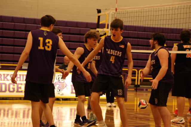 Badgers' junior outside hitter Danny Starr (4) is fired up in Berkshire's thrilling comeback victory against Eastlake North last Thursday evening in Burton/Photo by Caitlyn Rucinski