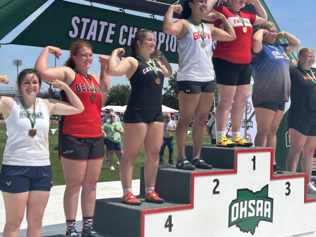 Cardinal junior Olivia Krebs' debut at the Ohio High School Athletic Association Division V state meet resulted in her earning fourth place in the shot put last weekend at The Ohio State University's Jesse Owens Memorial Stadium - Photo by Daniel Sherriff Cardinal junior Olivia Krebs' debut at the Ohio High School Athletic Association Division V state meet resulted in her earning fourth place in the shot put last weekend at The Ohio State University's Jesse Owens Memorial Stadium - Photo by Daniel Sherriff