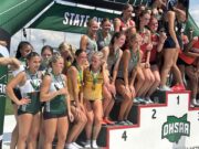 Aurora girls’ track nets fifth place in OHSAA D-II state meet The Aurora Greenmen girls' 4x400 relay celebrates their 4th place finish, helping the Aurora girls take fifth place at the OHSAA Division II state meet last weekend at The Ohio State University's Jesse Owens Memorial Stadium - Photo by Daniel Sherriff