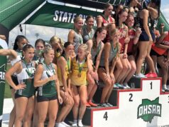 Aurora girls’ track nets fifth place in OHSAA D-II state meet The Aurora Greenmen girls' 4x400 relay celebrates their 4th place finish, helping the Aurora girls take fifth place at the OHSAA Division II state meet last weekend at The Ohio State University's Jesse Owens Memorial Stadium - Photo by Daniel Sherriff
