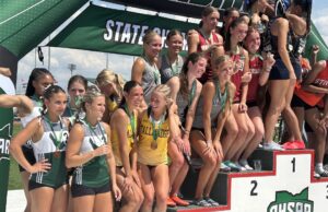 Aurora girls’ track nets fifth place in OHSAA D-II state meet The Aurora Greenmen girls' 4x400 relay celebrates their 4th place finish, helping the Aurora girls take fifth place at the OHSAA Division II state meet last weekend at The Ohio State University's Jesse Owens Memorial Stadium - Photo by Daniel Sherriff