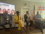 Hope Town Ohio hosts Artificial Intelligence Summitt CEO of AI OWL Cas Maxwell (far left), Founder & CEO of Life Inspired Nyla Christian (wearing yellow), Regulatory Attorney at Taft Law Eric Leach (middle), and Hope Town Ohio CEO Ted St. John (far right) sit on the panel of AI Experts at Hope Town Ohio's AI Town Hall Summit last Thursday morning in Windham - Photo by Daniel Sherriff